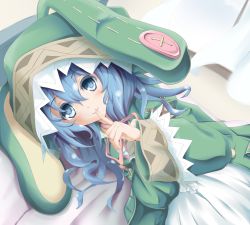 Rule 34 | 10s, 1girl, animal ears, animal hood, blue eyes, blue hair, blush, bow, rabbit ears, button eyes, buttons, cloak, coat, date a live, finger to mouth, from above, hood, hooded cloak, long hair, long sleeves, looking at viewer, lying, matamataro, matching hair/eyes, on back, smile, solo, tareme, upper body, yoshino (date a live)