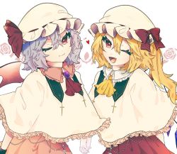 Rule 34 | 2girls, ;d, ascot, bat wings, beads, blonde hair, blush, bow, brooch, capelet, commentary request, cross, crystal, dot nose, eyelashes, fang, fang out, flandre scarlet, frilled shirt collar, frills, gem, hair between eyes, hat, hat bow, hat ribbon, highres, holding hands, jewelry, looking at viewer, mob cap, multiple girls, necono (nyu6poko), one eye closed, one side up, open mouth, purple gemstone, purple hair, red ascot, red bow, red ribbon, remilia scarlet, ribbon, short hair with long locks, siblings, side ponytail, sidelocks, simple background, sisters, skin fang, slit pupils, smile, standing, tongue, touhou, white capelet, white headwear, wings, yellow ascot