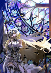 Rule 34 | absurdres, armor, armored dress, banner, black thighhighs, blonde hair, blue eyes, chain, cross, dress, fate/grand order, fate (series), faulds, flag, fur-trimmed gloves, fur-trimmed legwear, fur trim, gauntlets, gloves, greaves, headpiece, highres, holding, holding flag, jeanne d&#039;arc (fate), jeanne d&#039;arc (ruler) (fate), jeanne d&#039;arc (third ascension) (fate), long hair, looking to the side, mochi upamo, plackart, scabbard, sheath, sheathed, stained glass, sword, thighhighs, weapon, white dress