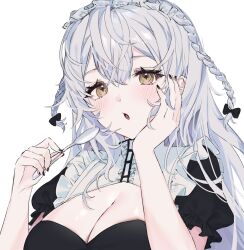 Rule 34 | + +, 1girl, absurdres, azur lane, black dress, black nails, black ribbon, blush, braid, breasts, cleavage, cleavage cutout, clothing cutout, commission, cross-shaped pupils, dress, frilled dress, frilled sleeves, frills, hair between eyes, hair ribbon, hand on own cheek, hand on own face, hands up, hermione (azur lane), highres, holding, holding spoon, iomaaki, large breasts, long hair, looking at viewer, maid, maid headdress, parted lips, puffy short sleeves, puffy sleeves, ribbon, short sleeves, simple background, solo, spoon, symbol-shaped pupils, twin braids, upper body, white background, white hair, yellow eyes