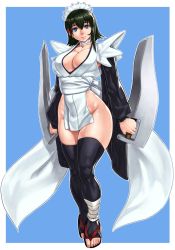 Rule 34 | 1girl, bandaged leg, bandages, black hair, blade, blue background, blue eyes, breasts, butterfly swords, cleavage, curvy, flipped hair, full body, highres, iroha (samurai spirits), large breasts, looking at viewer, maid, maid headdress, maid leotard, samurai spirits, shinonome (game hakkutsu tai), smile, solo, standing, thick thighs, thighhighs, thighs, toeless legwear, unconventional maid