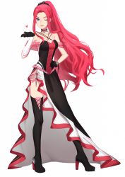 Rule 34 | 1girl, blue eyes, breasts, character request, cleavage cutout, clothing cutout, copyright request, gloves, high heels, high ponytail, leora, long hair, medium breasts, official art, ponytail, red gloves, red hair, saphirya, very long hair, voxwave