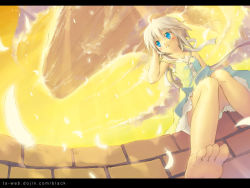 Rule 34 | 1girl, adjusting hair, barefoot, blue eyes, dress, feathers, feet, flat chest, foreshortening, hand in own hair, letterboxed, minamura haruki, original, silver hair, sitting, sky, soles, solo, strap slip, sundress, sunset, toes, wallpaper, yellow theme