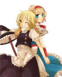 Rule 34 | 2girls, ;d, alice margatroid, apron, ascot, back-to-back, blonde hair, blue eyes, blush, braid, broom, capelet, couple, frilled skirt, frills, grin, hairband, hat, unworn hat, unworn headwear, holding hands, kirisame marisa, long hair, multiple girls, one eye closed, open mouth, short hair, side braid, simple background, skirt, smile, touhou, tsuno no hito, waist apron, white background, witch hat, wrist cuffs, yellow eyes