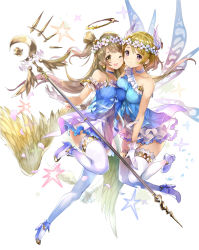 Rule 34 | 10s, 2girls, 77gl, ;d, asymmetrical docking, bare shoulders, blonde hair, blush, breast press, breasts, brown eyes, brown hair, cheek-to-cheek, choker, dress, earrings, fairy wings, feathered wings, gloves, head wreath, heads together, high heels, highres, jewelry, koizumi hanayo, large breasts, leg up, long hair, looking at viewer, love live!, love live! school idol project, minami kotori, multiple girls, one eye closed, one side up, open mouth, parted lips, purple eyes, simple background, sleeveless, sleeveless dress, smile, sparkle, staff, star (symbol), star earrings, thighhighs, white background, white gloves, white legwear, white wings, wings, yume no tobira, zettai ryouiki