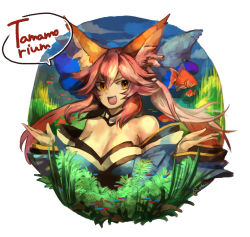 Rule 34 | 1girl, animal ears, aquarium, blue ribbon, breasts, cleavage, detached sleeves, fang, fate/grand order, fate (series), fish, fox ears, hair ribbon, highres, japanese clothes, large breasts, looking away, pink hair, ribbon, solo, speech bubble, tamamo (fate), tamamo no mae (fate/extra), underwater, yellow eyes