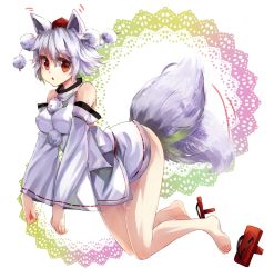 Rule 34 | 1girl, :o, animal ears, bad id, bad pixiv id, bare legs, bare shoulders, barefoot, bottomless, breasts, detached sleeves, female focus, geta, gradient background, hat, highres, inubashiri momiji, large breasts, long sleeves, looking at viewer, open mouth, pom pom (clothes), ribbon-trimmed sleeves, ribbon trim, shoes, unworn shoes, short hair, simple background, sleeves past wrists, solo, suminagashi, tail, tail wagging, tokin hat, touhou, wolf ears, wolf tail