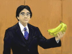 Rule 34 | 1boy, banana, black hair, food, fruit, glasses, iwata satoru, meme, necktie, nintendo