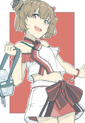Rule 34 | 1girl, bag, border, brown eyes, brown hair, cowboy shot, double bun, hair bun, highres, kantai collection, looking at viewer, midriff, miniskirt, ninimo nimo, official alternate costume, open mouth, red background, round teeth, short hair, skirt, solo, tan yang (kancolle), teeth, two-tone background, upper teeth only, white border, yukikaze (kancolle)
