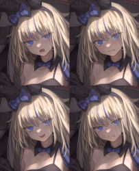 Rule 34 | 1girl, anger vein, animal ears, bare shoulders, black hairband, blonde hair, blood, blood bag, blue bow, blue eyes, blue hair, blush, bow, clenched teeth, closed mouth, cropped legs, expressionless, eyes visible through hair, fake animal ears, fangs, grin, hair between eyes, hairband, highres, long hair, multicolored hair, multiple views, open mouth, original, osobachan, patterned, plaid, plaid bow, rabbit ears, single bare shoulder, smile, streaked hair, striped, sweat, teeth, vampire