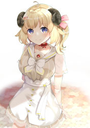Rule 34 | 1girl, ahoge, animal ears, arm behind back, blonde hair, bow, bowtie, choker, closed mouth, collarbone, dress, female focus, hair ornament, hair ribbon, hairclip, holding own arm, hololive, horns, humime, looking at viewer, overskirt, pink ribbon, purple eyes, red choker, ribbon, sailor collar, sheep ears, sheep girl, sheep horns, short dress, short hair, short sleeves, short twintails, simple background, smile, solo, standing, striped clothes, striped dress, tsunomaki watame, tsunomaki watame (street casual), twintails, vertical-striped clothes, vertical-striped dress, virtual youtuber, white background, white bow, white sailor collar
