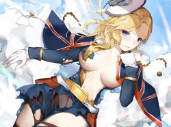 Rule 34 | 1girl, azur lane, blonde hair, blue eyes, breasts, capelet, cleavage, cloud, commentary request, earrings, floating, gloves, hair over shoulder, hat, hood (azur lane), jewelry, large breasts, long hair, looking at viewer, oshin0 (zheng), skirt, sky, solo, torn clothes, torn legwear, torn skirt, underboob, white gloves