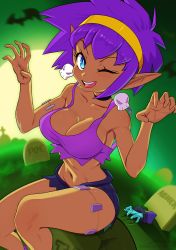 Rule 34 | 1girl, bare shoulders, blue eyes, breasts, cleavage, cosplay, dark-skinned female, dark skin, earrings, eyelashes, graveyard, hairband, highres, jewelry, large breasts, looking at viewer, no bra, open mouth, pointy ears, purple hair, revenantart, rottytops, rottytops (cosplay), shantae, shantae (series), short hair, skull earrings, solo, stitches, tank top, teeth, thick thighs, thighs, zombie