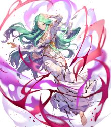 Rule 34 | 1girl, aura, barefoot, breasts, dark aura, dress, feet, fire emblem, fire emblem: three houses, fire emblem heroes, full body, green hair, highres, long dress, long hair, long sleeves, medium breasts, nintendo, non-web source, official art, pale skin, parted bangs, puffy sleeves, rhea (fire emblem), solo, teffish, toes, torn clothes, torn dress, transparent background, white dress, yellow eyes