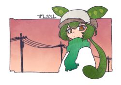 Rule 34 | 1girl, alternate costume, blending, border, cabbie hat, character name, closed mouth, commentary request, evening, expressionless, gradient sky, green hair, green scarf, hair through headwear, hat, highres, kuron (uhhr2odhrppc5nw), long hair, looking at viewer, low ponytail, outside border, partially colored, pink sky, power lines, red eyes, scarf, sky, solo, star (sky), two-tone eyes, utility pole, voicevox, white border, yellow eyes, zundamon