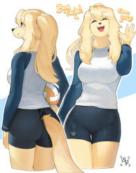 Rule 34 | 00niine, 1girl, :3, ^ ^, animal ears, animal nose, arm at side, artist name, ass, ball, bike shorts, blonde hair, blue eyes, blue sleeves, body fur, breasts, closed eyes, closed mouth, clothing cutout, cowboy shot, cropped legs, dated, dog ears, dog girl, dog tail, elizabelle (00niine), fangs, female focus, from behind, furry, furry female, hair tie, hand up, happy, highres, holding, holding ball, long hair, medium breasts, multiple views, open mouth, original, outline, ponytail, raglan sleeves, shirt, shirt tucked in, sidelocks, sideways mouth, signature, simple background, smile, snout, spanish text, standing, tail, tail through clothes, talking, teeth, thighs, tongue, translated, volleyball, volleyball (object), waving, white background, white outline, white shirt, yellow fur