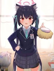 Rule 34 | 1girl, animal ear fluff, animal ears, black hair, black jacket, black shorts, blue archive, blue necktie, blue ribbon, blush, can, cat ears, collared shirt, curtains, fang, grey skirt, hair between eyes, hair ribbon, halo, hand on own hip, highres, hub (havu obi), indoors, jacket, long hair, long sleeves, looking at viewer, necktie, open mouth, pleated skirt, red eyes, ribbon, school uniform, serika (blue archive), shirt, short shorts, shorts, shorts under skirt, skirt, solo, standing, transparent, trash bag, twintails, v-shaped eyebrows, very long hair, white shirt, wooden floor