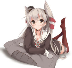 Rule 34 | 10s, 1girl, alternate breast size, amatsukaze (kancolle), blush, breasts, brown eyes, choker, cleavage, dress, garter straps, gloves, kantai collection, kurokage, long hair, looking at viewer, lying, on stomach, personification, red thighhighs, rensouhou-kun, sailor dress, school uniform, serafuku, short dress, silver hair, simple background, striped clothes, striped thighhighs, thighhighs, white background, white gloves, zettai ryouiki