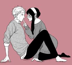 Rule 34 | 1boy, 1girl, black leggings, black pants, blush, collared shirt, commentary request, dress, earrings, finger to another&#039;s mouth, hairband, half-closed eyes, hetero, highres, jewelry, kneeling, leggings, long sleeves, looking at another, monochrome, no shoes, off-shoulder sweater, off shoulder, pants, parted bangs, parted lips, pink background, shirt, shirt under shirt, short hair, sidelocks, sitting, sleeves past wrists, sleeves rolled up, spy x family, sweatdrop, sweater, sweater dress, tori (runrunpiia), twilight (spy x family), updo, yor briar