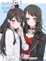 Rule 34 | 2girls, bang dream!, bang dream! it&#039;s mygo!!!!!, black choker, black jacket, black shirt, blue background, blush, border, breasts, bright pupils, brown hair, choker, cleavage, closed mouth, commentary request, earrings, highres, jacket, jewelry, juice box, long hair, long sleeves, multiple girls, nanami (nunnun 0410), navel, notice lines, object on head, open clothes, open shirt, purple eyes, red shirt, shiina taki, shirt, simple background, smile, sweatdrop, thank you, twitter username, white border, white pupils, white shirt, yahata umiri