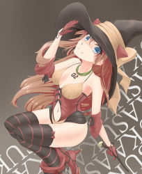 Rule 34 | 1girl, absurdres, adapted costume, blue eyes, bow, breasts, bustier, character name, collar, davvworlds, detached sleeves, gloves, hat, highres, leotard, long hair, looking at viewer, looking up, navel, neon genesis evangelion, red hair, simple background, smile, solo, souryuu asuka langley, striped clothes, striped thighhighs, thighhighs, wand, witch hat