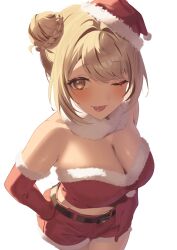 Rule 34 | 1girl, ;p, belt, blonde hair, braid, braided bun, breasts, brown belt, cleavage, cowboy shot, crop top, dark-skinned female, dark skin, double bun, elbow gloves, fang, from above, fur-trimmed gloves, fur-trimmed headwear, fur-trimmed shorts, fur scarf, fur trim, gloves, gyaru, hair bun, hair intakes, hand on own hip, hat, highres, kaminari qpi, komito (komito5310), large breasts, looking at viewer, midriff, one eye closed, orange eyes, red bustier, red gloves, red shirt, red shorts, santa costume, santa hat, shirt, short shorts, shorts, simple background, skin fang, solo, strapless, swept bangs, tilted headwear, tongue, tongue out, tube top, virtual youtuber, vspo!, white background