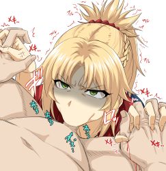 Rule 34 | 1boy, 1girl, absurdres, anger vein, araki jeccy, blonde hair, blood, braid, clothed female nude male, commentary, fate/apocrypha, fate (series), fellatio, frown, green eyes, holding hands, hetero, highres, mordred (fate), mordred (fate/apocrypha), navel, nude, oral, penis, ponytail, simple background, spread legs, trembling, white background