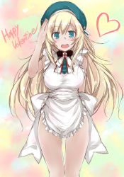Rule 34 | 10s, 1girl, :d, apron, atago (kancolle), blonde hair, blue eyes, blush, happy valentine, hat, heart, kantai collection, long hair, looking at viewer, open mouth, smile, solo, valentine, yumesato makura