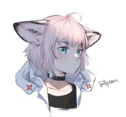 Rule 34 | 1girl, ahoge, animal ear fluff, animal ears, arknights, black choker, black tank top, blue eyes, choker, close-up, closed mouth, coat, collarbone, cropped shoulders, cross, fashball, fox ears, fox girl, grey hair, jacket, medic, portrait, red cross, short hair, signature, solo, sussurro (arknights), tank top, white background, white coat, white jacket