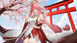 Rule 34 | 1girl, absurdres, animal ears, architecture, arm up, breasts, cherry blossoms, earrings, east asian architecture, feet out of frame, fox ears, fox girl, genera-x, genshin impact, hair ornament, highres, japanese clothes, jewelry, large breasts, light smile, long hair, looking at viewer, miko, open mouth, parted lips, petals, pink eyes, pink hair, sideboob, solo, standing, very long hair, yae miko
