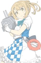 Rule 34 | 1girl, adapted turret, apron, blue bow, blue bowtie, bow, bowtie, cannon, checkered apron, checkered clothes, cowboy shot, dress, enemy lifebuoy (kancolle), frilled dress, frills, gloves, hair bun, kantai collection, light brown hair, michishio (kancolle), ninimo nimo, pocket watch, puffy short sleeves, puffy sleeves, short hair, short sleeves, short twintails, simple background, solo, turret, twintails, two-tone dress, watch, white background, white dress, white gloves, yellow eyes