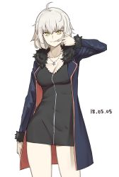 Rule 34 | 1girl, ahoge, bad id, bad twitter id, breasts, cleavage, dated, fate/grand order, fate (series), fleur-de-lis, fur-trimmed sleeves, fur collar, fur trim, grey hair, hair between eyes, jeanne d&#039;arc (fate), jeanne d&#039;arc alter (fate), jeanne d&#039;arc alter (ver. shinjuku 1999) (fate), jewelry, legs, michihasu, mouth pull, necklace, official alternate costume, short hair, solo, white background, yellow eyes