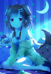 Rule 34 | 1girl, 54hao, ahoge, animal ears, barefoot, between legs, blue bow, bone hair ornament, bow, braid, breasts, brown hair, cartoon bone, closed mouth, crescent, dog ears, dog girl, dog tail, dress, hair ornament, hair over shoulder, hand between legs, highres, hololive, indoors, inugami korone, inugami korone (1st costume), inugami korone (dog), jacket, long hair, long sleeves, looking at viewer, medium breasts, off shoulder, open clothes, open jacket, red bow, red eyes, sitting, sleeveless, sleeveless dress, sleeves past wrists, solo, star (symbol), starry background, striped, striped background, stuffed animal, stuffed dog, stuffed rabbit, stuffed toy, tail, teddy bear, twin braids, vertical stripes, virtual youtuber, wariza, wavy mouth, white dress, yellow jacket