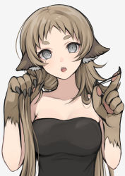 Rule 34 | 1girl, absurdres, animal ears, breasts, brown hair, collarbone, commentary request, grey background, grey eyes, hands up, head tilt, highres, long hair, looking at viewer, medium breasts, open mouth, original, shimizu akina, simple background, solo, strapless, thick eyebrows, tube top, upper body