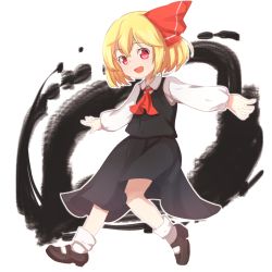 Rule 34 | 1girl, :d, abukawa honpo, ascot, black skirt, blonde hair, darkness, full body, hair ribbon, highres, long sleeves, mary janes, open mouth, outstretched arms, red eyes, ribbon, rumia, shirt, shoes, short hair, skirt, smile, solo, spread arms, touhou, vest, white shirt