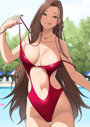 Rule 34 | 1girl, :q, blurry, blurry background, blush, bracelet, breasts, brown eyes, brown hair, cleavage, commentary request, cowboy shot, day, earrings, hamazaki&#039;s sister (imaizumin-chi), hamazaki risa, highleg, highleg swimsuit, highres, imaizumin-chi wa douyara gal no tamariba ni natteru rashii, jewelry, large breasts, long hair, looking at viewer, navel, necklace, nori gorou, one-piece swimsuit, outdoors, pool, red one-piece swimsuit, smile, solo, strap pull, swimsuit, thigh gap, tongue, tongue out, water