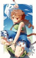Rule 34 | 1girl, bad anatomy, blue dress, brown hair, chinese commentary, circlet, closed mouth, detached sleeves, dress, ender xiaohai, green dress, highres, holding, long hair, low twintails, monkey tail, multicolored clothes, multicolored dress, orange dress, red eyes, ruyi jingu bang, single detached sleeve, smile, solo, son biten, tail, test tube, touhou, twintails, unfinished dream of all living ghost, white sleeves