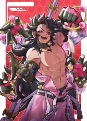 1boy abs black_hair black_sclera colored_sclera colored_skin dislyte extra_arms himeshiro_(himeno_46) li_ling_(nezha) long_hair looking_at_viewer muscular muscular_male nipples pants pink_pants pink_skin red_eyes topless_male