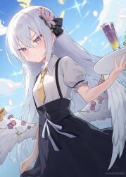 Rule 34 | 1girl, :&lt;, angel wings, azusa (blue archive), black skirt, blue archive, blush, closed mouth, collared shirt, cup, drink, drinking glass, feathered wings, flower, grey hair, hair between eyes, hair flower, hair ornament, halo, highres, holding, long hair, necktie, purple eyes, purple flower, shirt, short sleeves, shrimp cake, skirt, solo, white shirt, white wings, wings, yellow halo, yellow necktie