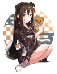 Rule 34 | 1girl, animal, animal ears, bad id, bad pixiv id, blush, brown eyes, brown hair, brown kimono, closed mouth, commentary request, dog, dog ears, dog tail, egasumi, fake animal ears, fingernails, floral print, flower, full body, hair between eyes, hair flower, hair ornament, highres, japanese clothes, kimono, long hair, long sleeves, looking at viewer, new year, original, print kimono, red flower, socks, solo, tabi, tail, tsukiman, wavy mouth, white footwear, wide sleeves