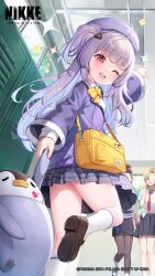 Rule 34 | 3girls, absurdres, ahoge, animal, bag, beret, bird, blunt bangs, bow, bowtie, full body, goddess of victory: nikke, grey skirt, hat, highres, holding, holding animal, jacket, jehyun, light purple hair, long hair, long sleeves, looking at viewer, mary janes, multiple girls, official art, one eye closed, one side up, open mouth, penguin, pink eyes, plaid, plaid skirt, pleated skirt, purple headwear, purple jacket, rei (nikke), school bag, school uniform, shoes, side ponytail, skirt, smile, socks, tanaka aimi, white socks, yellow bag, yellow bow, yellow bowtie