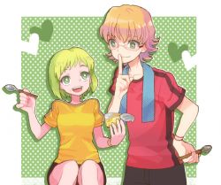 Rule 34 | 10s, 1boy, 1girl, barnaby brooks jr., blonde hair, finger to mouth, glasses, green eyes, holding, holding spoon, huang baoling, hyou, pudding, shirt, short hair, shorts, spoon, t-shirt, tiger &amp; bunny, towel