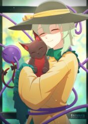 Rule 34 | 1girl, absurdres, animal, artist name, black hat, blouse, bow, cat, closed eyes, collared shirt, frilled sleeves, frills, grey hair, hair between eyes, hat, hat bow, highres, holding, holding animal, holding cat, hug, kaenbyou rin, kaenbyou rin (cat), komeiji koishi, lips, long sleeves, multiple tails, restra25, shirt, short hair, smile, solo, tail, tail bow, tail ornament, third eye, touhou, two tails, upper body, wide sleeves, window, yellow bow, yellow shirt