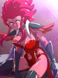 Rule 34 | 1girl, black choker, black gloves, black thighhighs, breasts, choker, cleavage, colored skin, commentary request, facial mark, gloves, large breasts, mask, navel, pink skin, pointy ears, precure, red hair, sitting, solo, star twinkle precure, tenjou (precure), thighhighs, tj-type1, unworn mask, yellow eyes