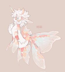 Rule 34 | 1boy, androgynous, brown background, colored skin, fins, fish boy, from side, full body, gills, hand up, head fins, highres, horns, looking ahead, male focus, monster boy, no mouth, orange eyes, original, profile, scales, short hair, shuini xiaomao, signature, simple background, single horn, solo, webbed hands, white hair, white skin