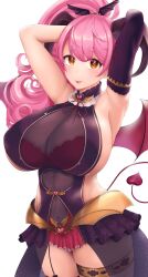Rule 34 | 1girl, :p, absurdres, aizono manami, aizono manami (2nd costume), armpits, arms behind head, bra, breasts, covered navel, curled horns, curly hair, demon girl, demon horns, demon tail, demon wings, dress, elbow gloves, gloves, hair ornament, halterneck, heart, heart-shaped pupils, highres, horns, huge breasts, long hair, looking at viewer, microdress, microskirt, nijisanji, official alternate costume, orange eyes, otohukebonne, pink hair, purple dress, purple gloves, red bra, red skirt, red wings, see-through, short eyebrows, side ponytail, sideboob, sideless outfit, simple background, single glove, skirt, solo, stomach, symbol-shaped pupils, tail, thick eyebrows, thigh strap, tongue, tongue out, underwear, virtual youtuber, white background, wings