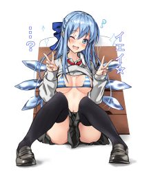Rule 34 | ..., 1girl, ;d, ?, aged up, alternate costume, alternate hair length, alternate hairstyle, amagi (amagi626), ass, bikini, black footwear, black skirt, black thighhighs, blue bikini, blue bow, blue eyes, blue hair, blush, bow, breasts, cirno, clothes lift, commentary request, contemporary, double v, full body, gradient background, grey background, grey sweater, hair between eyes, hair bow, hands up, head tilt, highres, loafers, long hair, looking at viewer, medium breasts, miniskirt, navel, one eye closed, open mouth, pleated skirt, red neckwear, school uniform, shirt, shoes, sitting, skirt, smile, solo, sparkle, star (symbol), stomach, striped bikini, striped clothes, sweater, sweater lift, swimsuit, thighhighs, thighs, touhou, translation request, v, white background, white bikini, white shirt, wing collar
