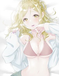 Rule 34 | 1girl, absurdres, artist name, artist request, bare shoulders, bed, bikini, blonde hair, blush, braid, breasts, brown eyes, cleavage, collarbone, crown braid, female focus, green eyes, hair over shoulder, hair rings, highres, long sleeves, looking at viewer, love live!, love live! sunshine!!, medium breasts, nail, nail polish, o-ring, o-ring bikini, ohara mari, on bed, open mouth, parted lips, pink bikini, purple nail polish, purple nails, shirt, short hair, smile, solo, stomach, swimsuit, upper body, white shirt, yellow eyes