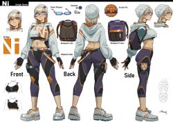 Rule 34 | 1girl, artist name, ass, backpack, bag, beanie, belt, blonde hair, breasts, character sheet, choker, cleavage, cleavage cutout, closed mouth, clothing cutout, commentary, commission, concept art, crop top, crop top overhang, earbuds, earphones, fingerless gloves, from behind, from side, full body, glasses, gloves, hat, holster, hood, hood down, kionaoki, lips, long sleeves, looking at viewer, medium breasts, midriff, navel, orange eyes, original, pants, pin, shoes, short hair, signature, simple background, skin tight, smile, sneakers, sportswear, stomach, tank top, thigh holster, yoga pants
