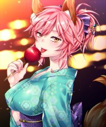 Rule 34 | 10s, 1girl, alternate costume, alternate hairstyle, animal ears, aoi chimaki, blurry, blush, bokeh, breasts, candy apple, depth of field, fate/extra, fate (series), food, fox ears, from side, hair ornament, hair ribbon, hair stick, japanese clothes, kimono, large breasts, licking, long sleeves, looking at viewer, looking to the side, obi, pink hair, ponytail, purple ribbon, ribbon, sash, smile, solo, tamamo no mae (fate/extra), upper body, wide sleeves, yellow eyes, yukata
